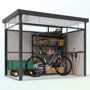 Cutaway view of the metal shed holding a bike, a wheelbarrow, boxes and garden tools