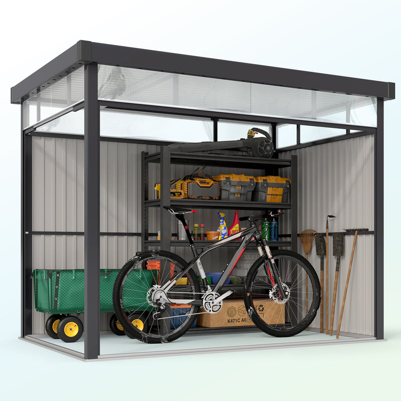 Cutaway view of the metal shed holding a bike, a wheelbarrow, boxes and garden tools