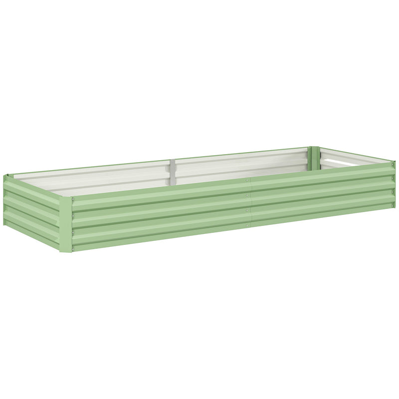 Light green galvanised steel raised garden bed on a plain white background