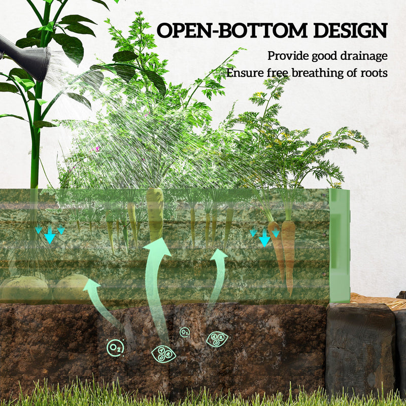 Cutaway of the open-bottom light green raised bed showing roots reaching the soil