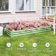 Light green raised garden bed full of pink flowers beside a porch, with sturdy, rustproof, low maintenance and easy assembly icons