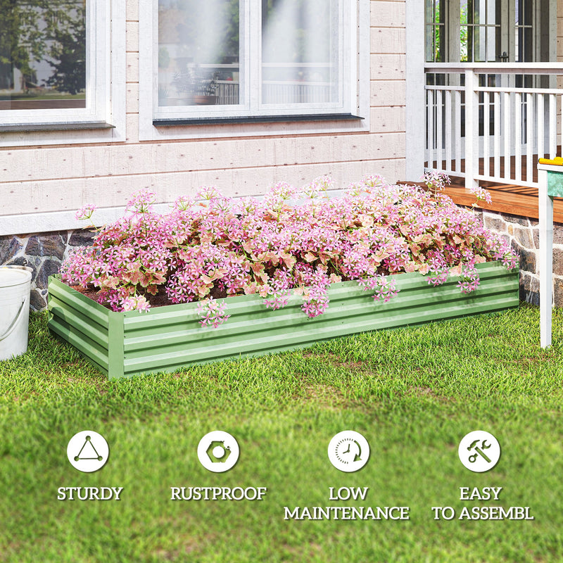 Light green raised garden bed full of pink flowers beside a porch, with sturdy, rustproof, low maintenance and easy assembly icons
