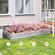 Silver raised garden bed full of pink flowers beside a porch, with sturdy, rustproof, low maintenance and easy assembly icons