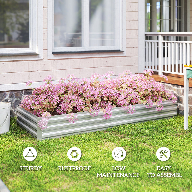 Silver raised garden bed full of pink flowers beside a porch, with sturdy, rustproof, low maintenance and easy assembly icons
