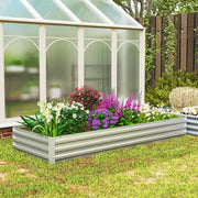 Silver raised garden bed with colourful flowers in front of a greenhouse