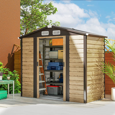 Wood effect 7x4ft Outsunny metal garden shed on decking with both sliding doors open, showing shelves of tools and boxes