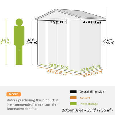 Dimension diagram of the 7x4ft shed showing 213 x 120 cm overall, a 207 x 114 cm base and 197 x 97 cm inside