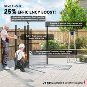 Assembly guidance panel showing two fitters building the shed's columns and wall panels with a drill and a ladder