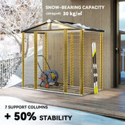 Winter panel showing the shed's 7 internal support columns highlighted and its 30 kg per square metre snow rating