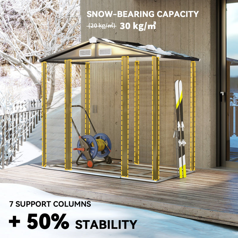 Winter panel showing the shed's 7 internal support columns highlighted and its 30 kg per square metre snow rating