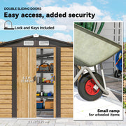 Feature panel showing the double sliding doors, the supplied lock and keys, and a wheelbarrow using the threshold ramp