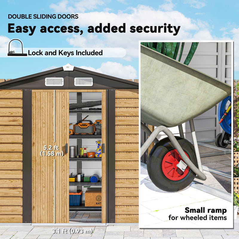 Feature panel showing the double sliding doors, the supplied lock and keys, and a wheelbarrow using the threshold ramp