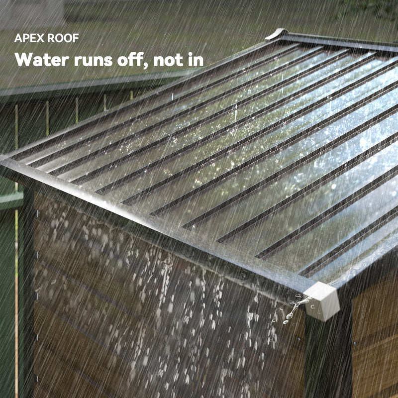 Close-up of rain running off the ridged apex roof and down the shed's side panels