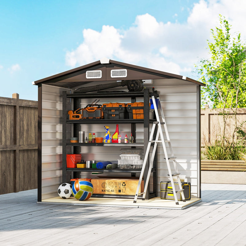 Wood effect shed on garden decking with both doors slid open, holding a ladder, balls, paint tins and tools
