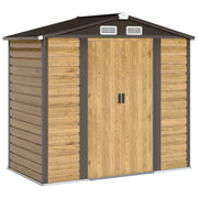 Front studio view of the wood effect shed showing the brown apex roof, two gable vents and the double sliding doors