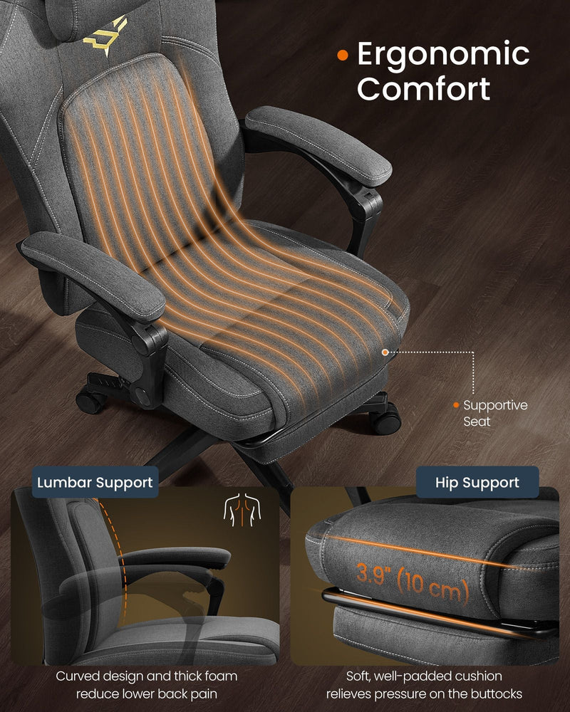 Close-up of the dove grey cotton-linen fabric on the gaming chair