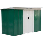 Green shed studio view from the side showing the roof slope