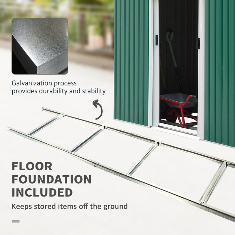 Floor foundation frame shown beside the open shed doorway