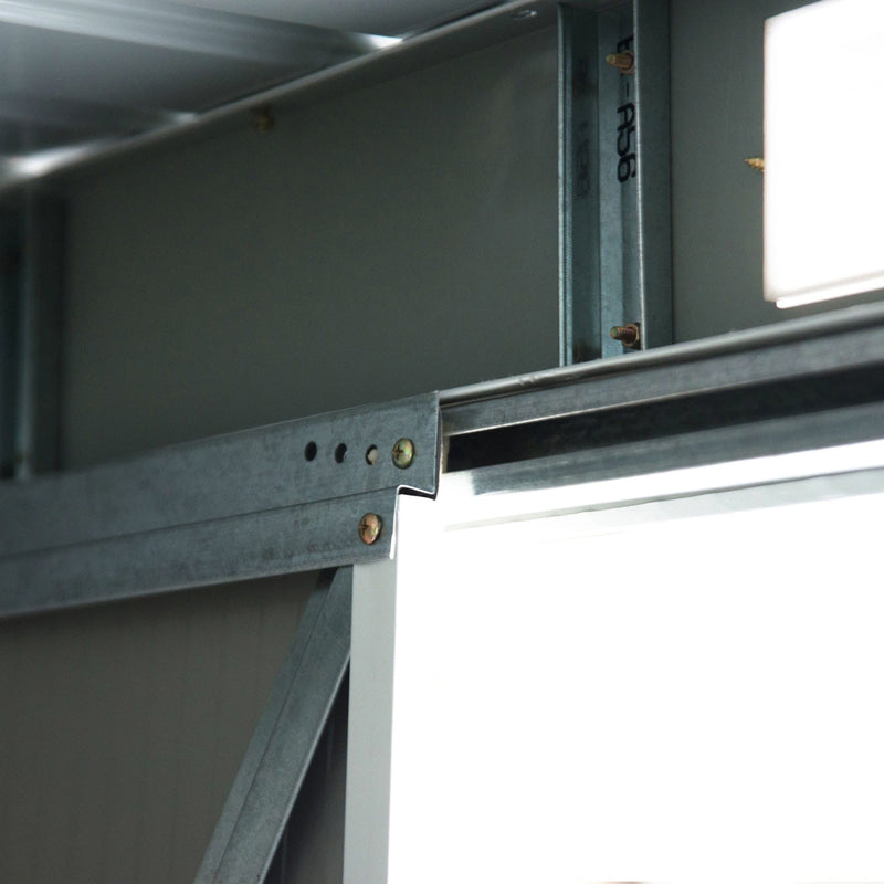 Close-up of a galvanised steel roof beam and corner bracket