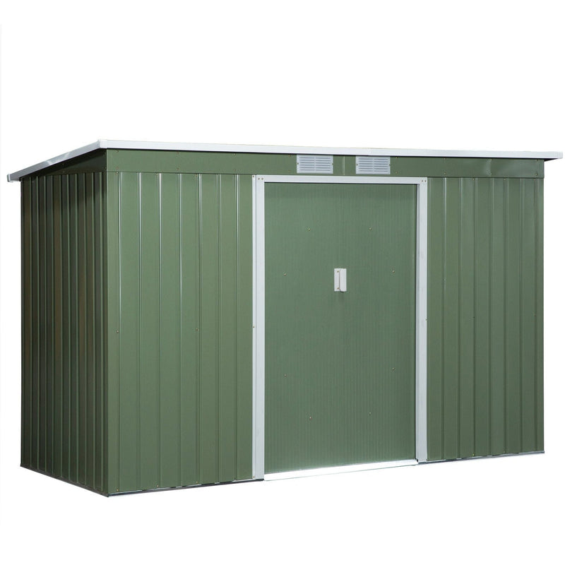 Pale green shed angled studio view with the sliding doors closed