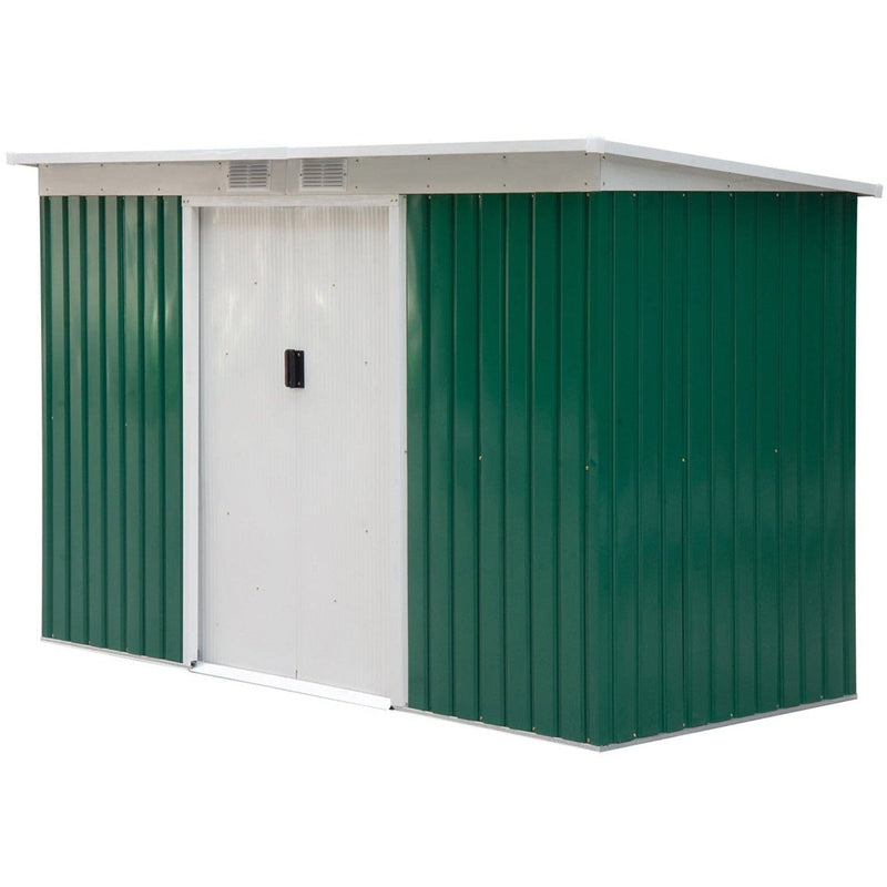 Green 9x4ft metal shed studio view showing the sloping pent roof