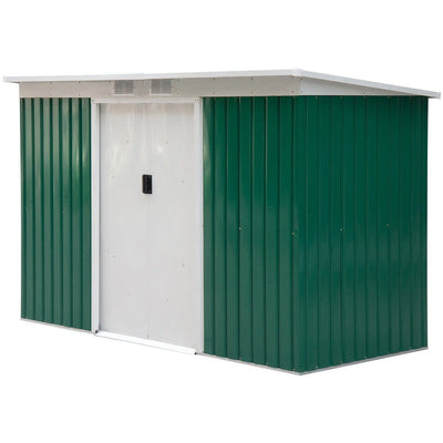 Green 9x4ft metal shed studio view showing the sloping pent roof