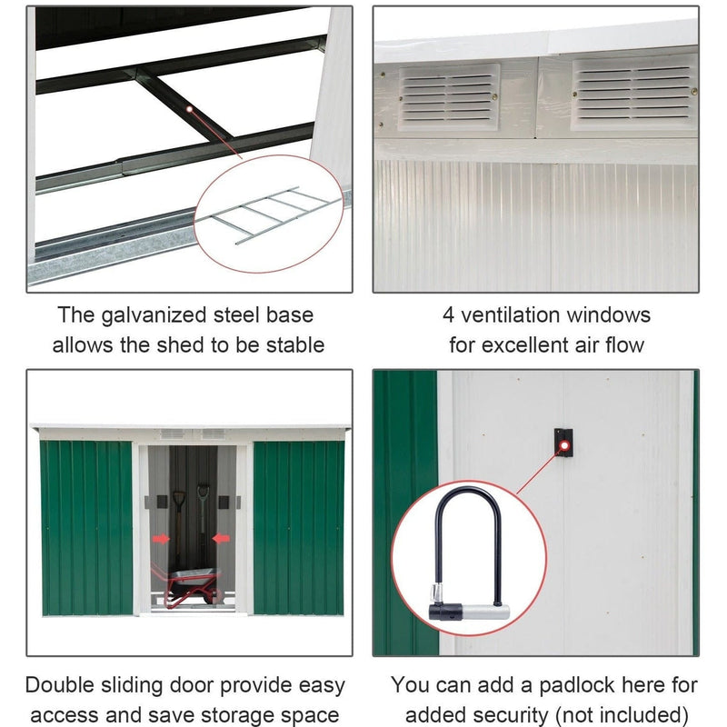 Feature panel showing the galvanised base, ventilation louvres, sliding doors and padlock point