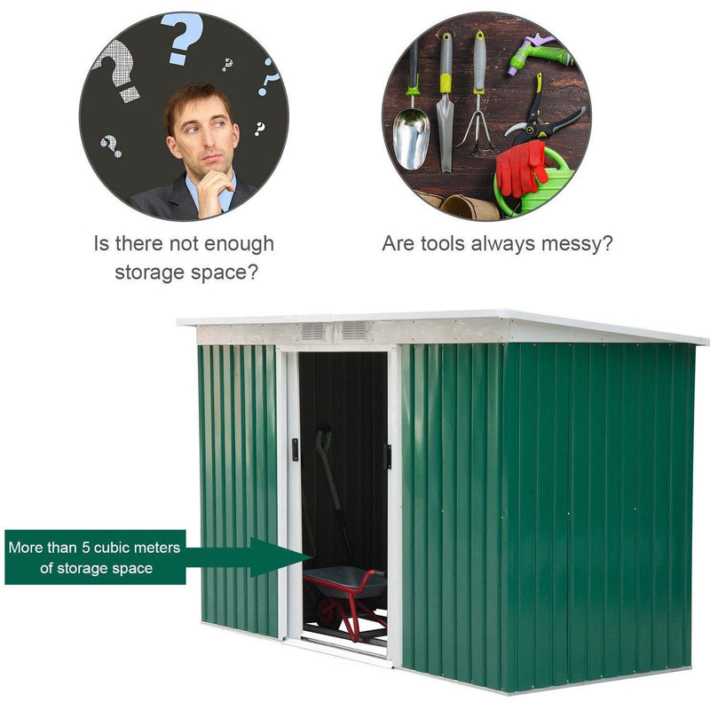 Green shed with the door open and a wheelbarrow stored inside