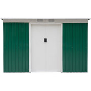 Green shed front elevation with both sliding doors closed