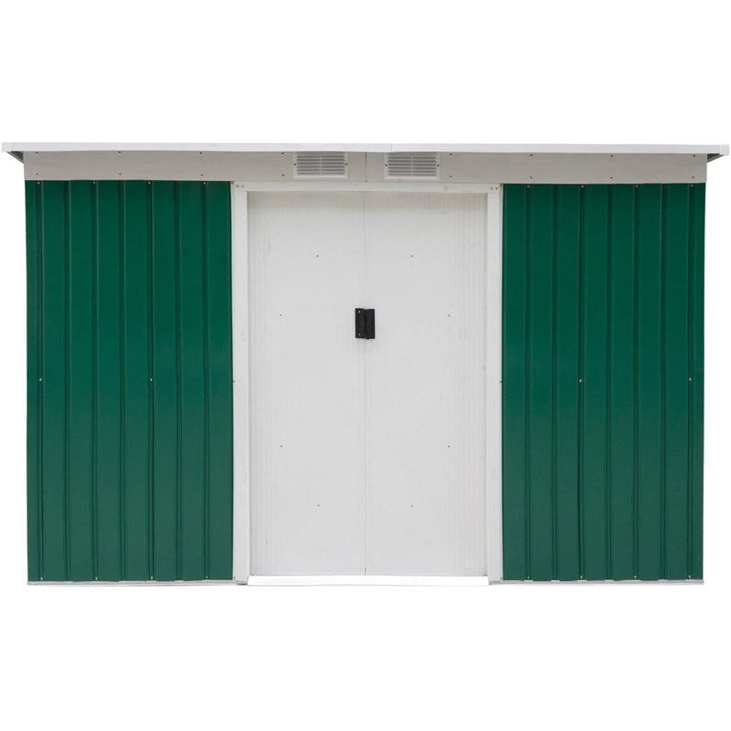 Green shed front elevation with both sliding doors closed