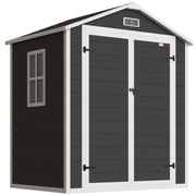 Black plastic garden shed with white trim, apex roof, window and double doors
