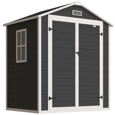 Black plastic garden shed with white trim, apex roof, window and double doors