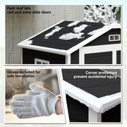 Steep roof panel showing snow sliding off, plus the included gloves and corner protectors