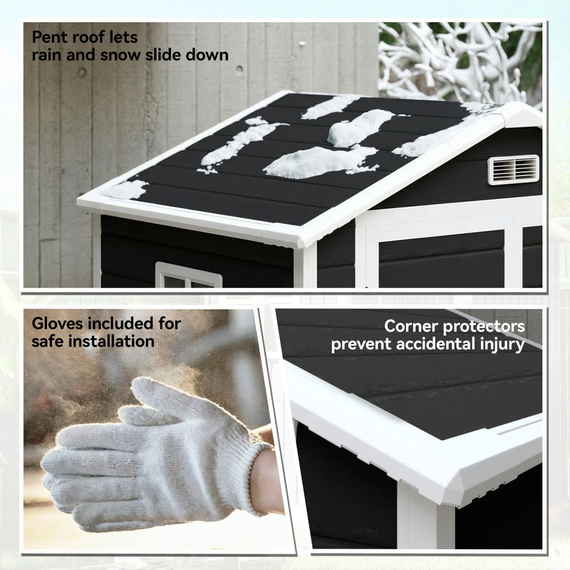 Steep roof panel showing snow sliding off, plus the included gloves and corner protectors
