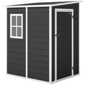 Black lean to plastic garden shed with white trim, a window and a closed door, studio view