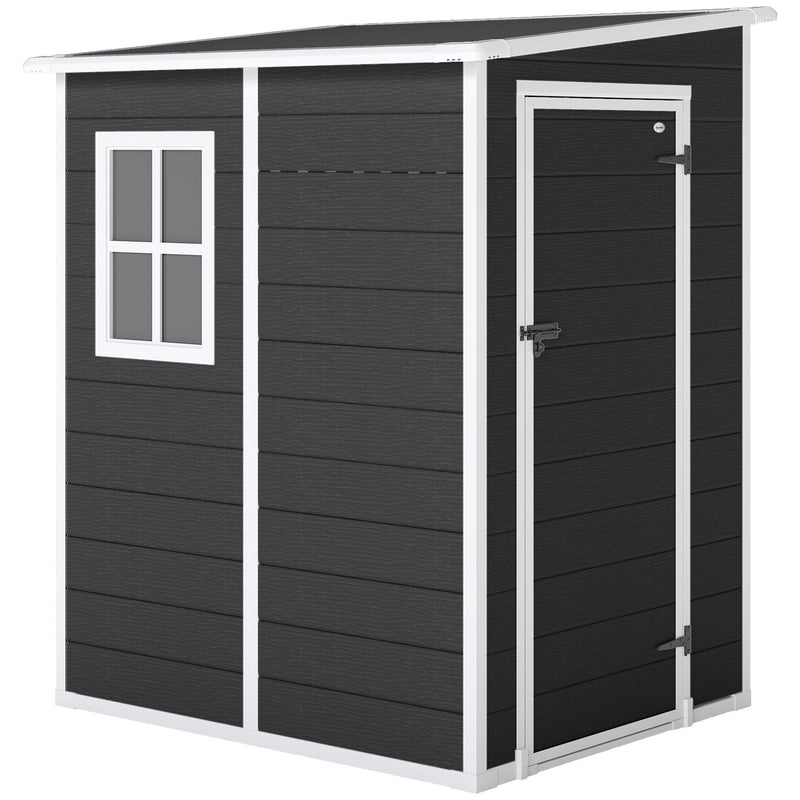 Black lean to plastic garden shed with white trim, a window and a closed door, studio view