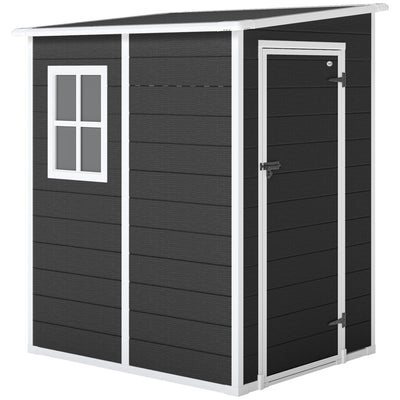 Black lean to plastic garden shed with white trim, a window and a closed door, studio view