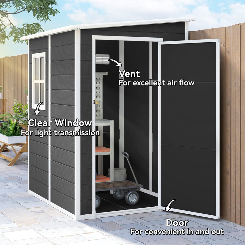 Open shed on a patio with arrows marking the clear window and the wall vent for air flow