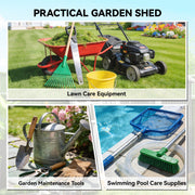 Collage of lawn care equipment, garden maintenance tools and pool care supplies the shed can hold