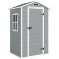 Light grey Outsunny 4x3ft plastic garden shed with apex roof, closed lockable door and side window