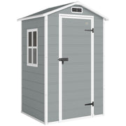 Light grey Outsunny 4x3ft plastic garden shed with apex roof, closed lockable door and side window