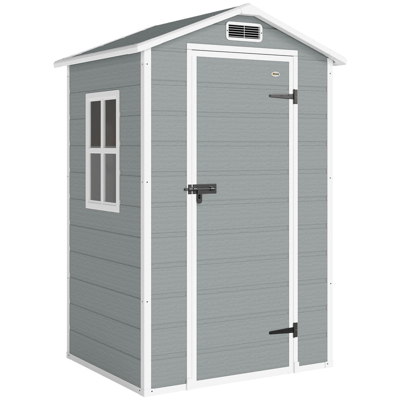 Light grey Outsunny 4x3ft plastic garden shed with apex roof, closed lockable door and side window