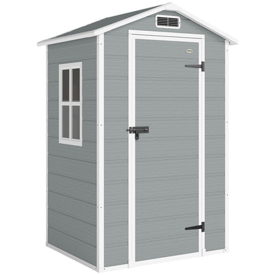 Light grey Outsunny 4x3ft plastic garden shed with apex roof, closed lockable door and side window
