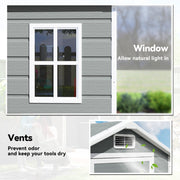 Close-up panels showing the shed side window and the louvred gable vent