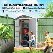 Wood-effect resin shed in a garden with the door open and two children walking past