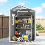 Cutaway view of the shed interior loaded with tools, a hose reel and sports balls