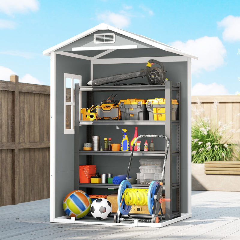 Cutaway view of the shed interior loaded with tools, a hose reel and sports balls
