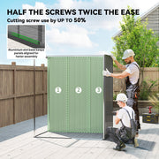 Two people assembling a green metal garden shed using the aluminium slot base