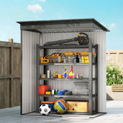 Cutaway view of the shed interior shown filled with garden tools and sports equipment