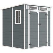 6x6ft Outsunny plastic garden shed in grey with a pent roof, double doors and windows
